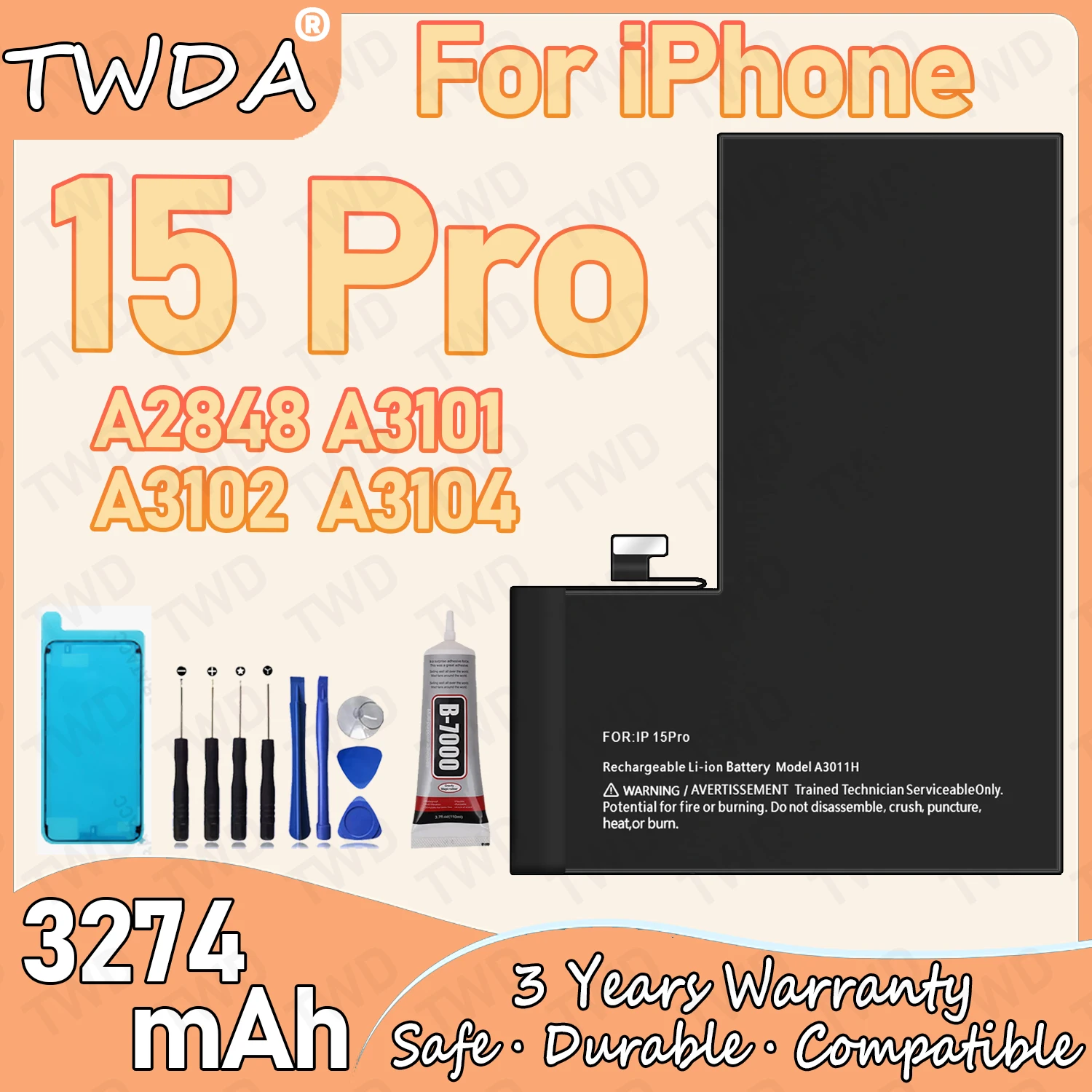 

A3011H Large capacity 3274mAh Battery For iPhone 15 Pro/A2848/A3101/A3102/A3104 Batteries New High Quanlity+Free Tools