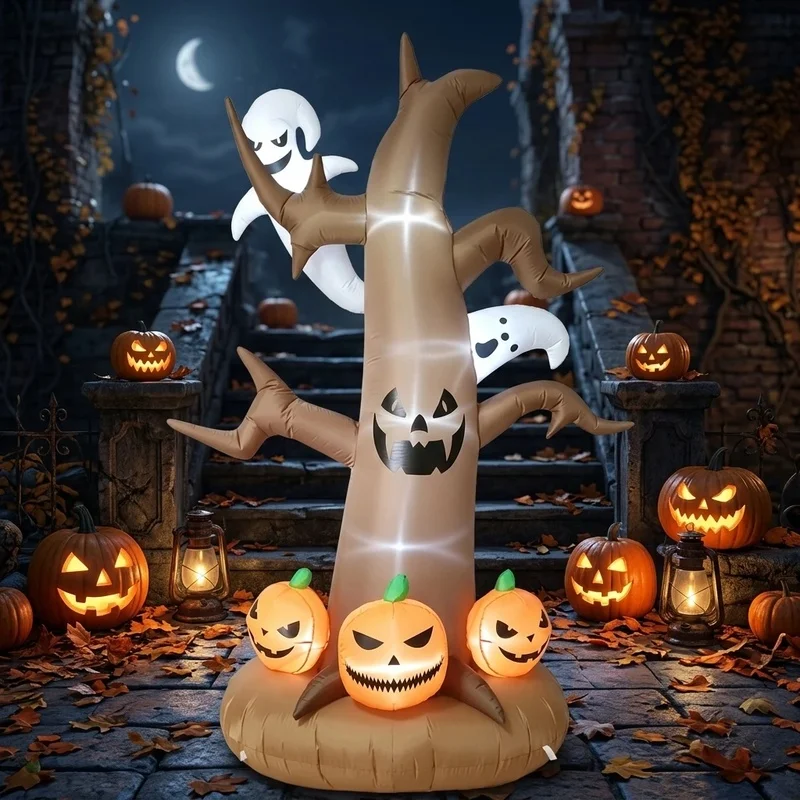 Inflatable Halloween Scary Tree with Ghost and Pumpkin Base for Lawn Shop Decoration Glowing Festival Atmosphere Display