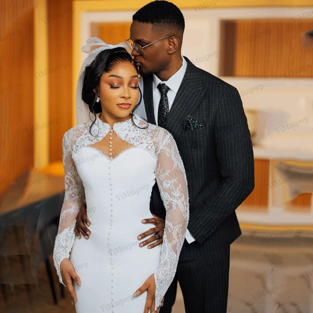 Civil Wedding Dresses for Bride 2026 O-Neck Full Sleeve Tea Length Aso Ebi Nigeria Lace Bridal Reception Dresses Customized