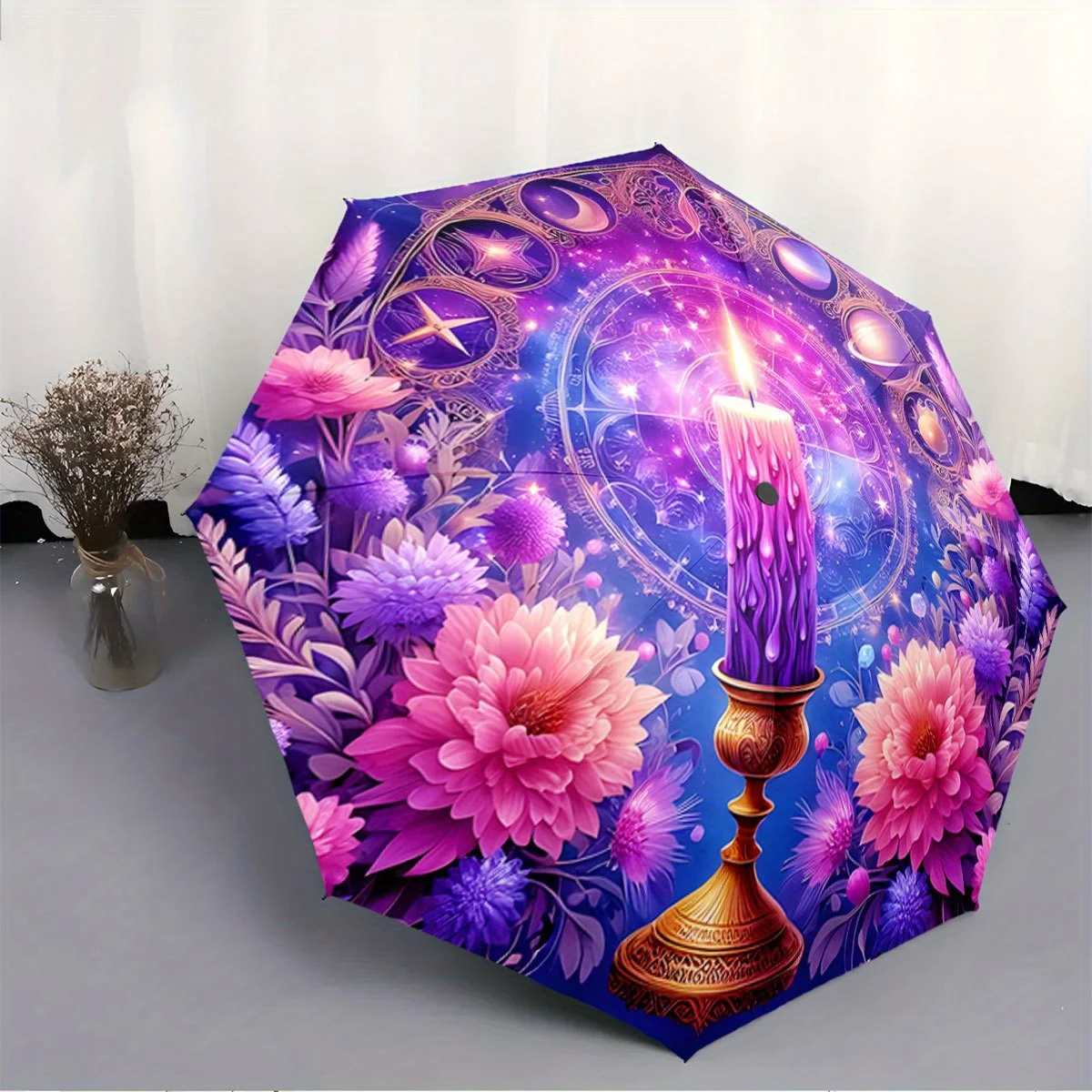 

Automatic Folding Umbrella A mystical candle surrounded by vibrant and celestial symbols. Portable collapsible design, casual