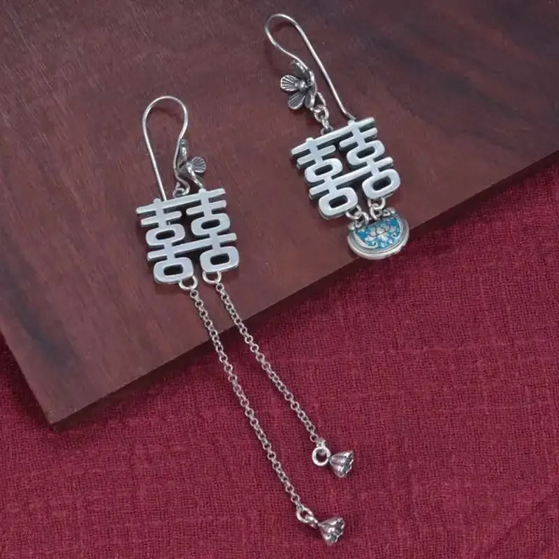 Double Happiness Character Tassel Long earrings for women Retro Ethnic Style Ruyi Lock lotus seedpod Earring silver 925 Jewelry