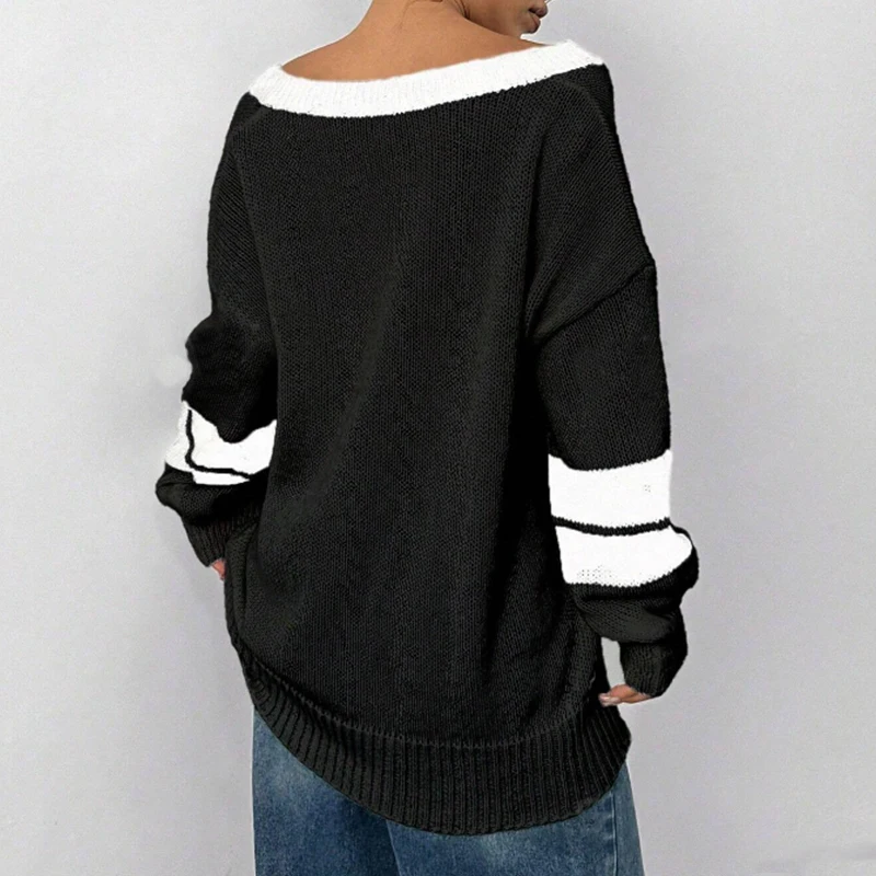 Autumn Winter Knitwear Harajuku Fashion Oversized No.23 Print Knitted Pullover Black White Patchwork Loose V-neck Gothic Sweater