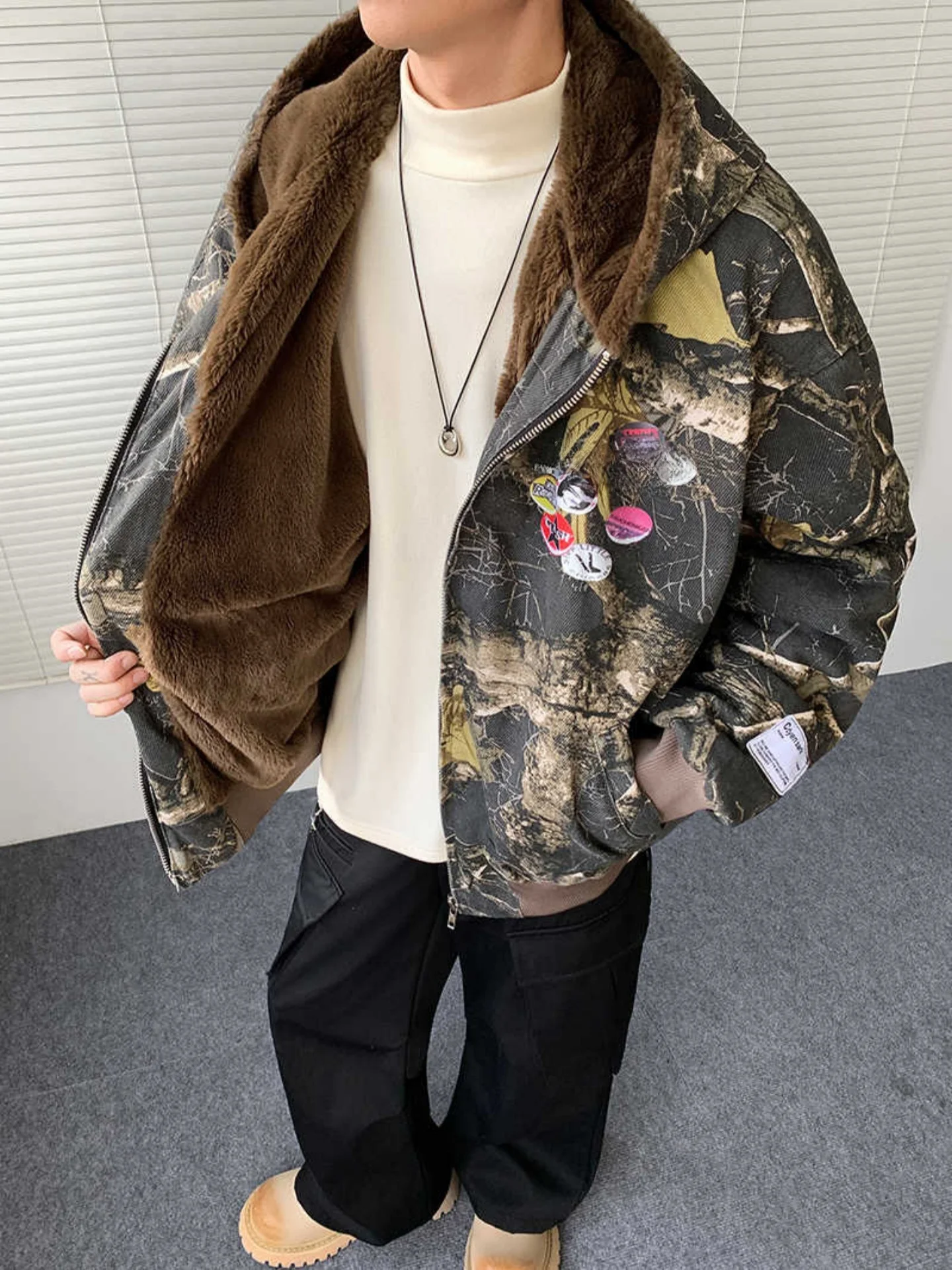 

Thiened Camouflage Cotton Jaet for Men Winter Warm Hooded Coat Youth Faion Zipper Closure Long Sve Regular Fit Coat