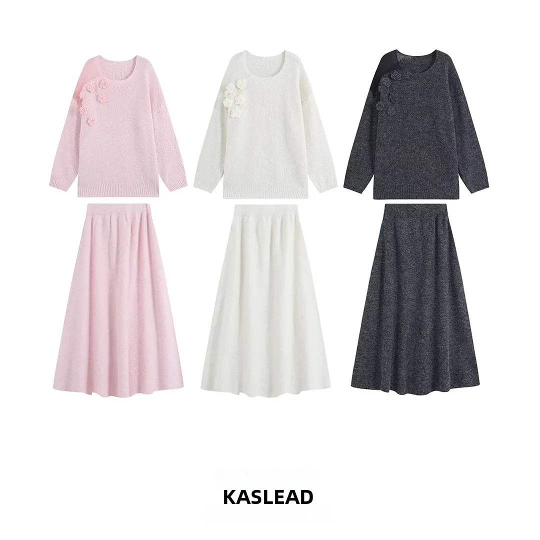 KASLEAD New Women's Fashion Knitted Long Sleeve Floral Set Autumn Season Two-Piece Ensemble Plant Floral Pattern High-End Feel