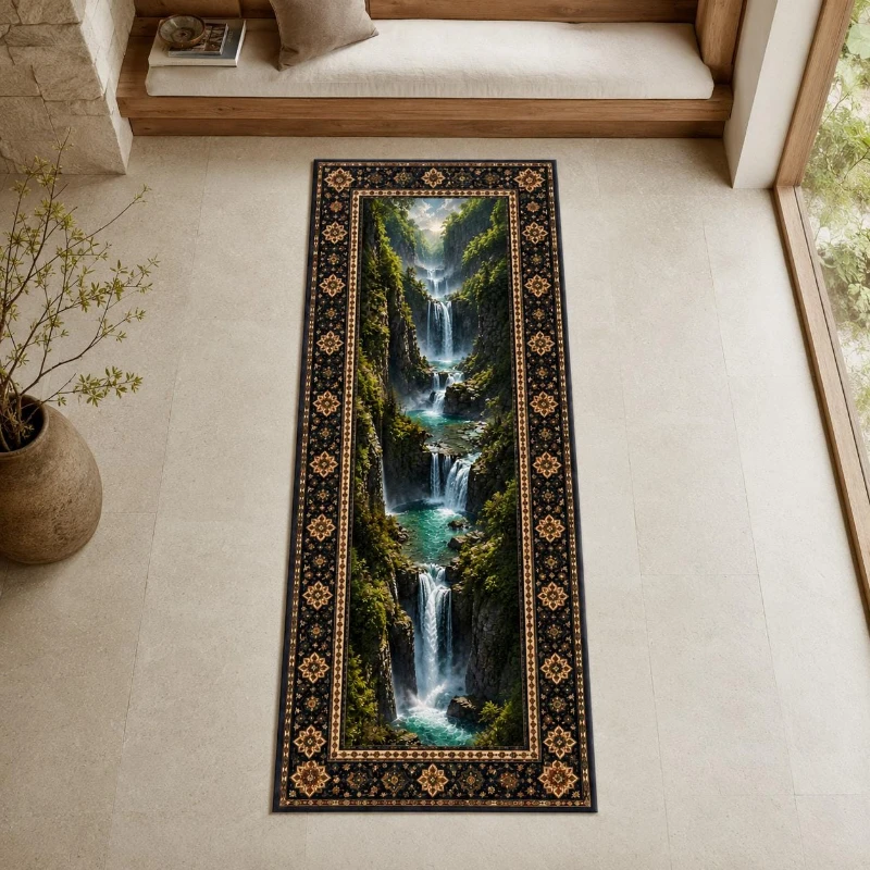 Retro Framed Mountain Waterfall Valley Graphics Runner Rug,Entryway,Corridor,Terrace,Non Slip Runner Rug,Housewarming Gift