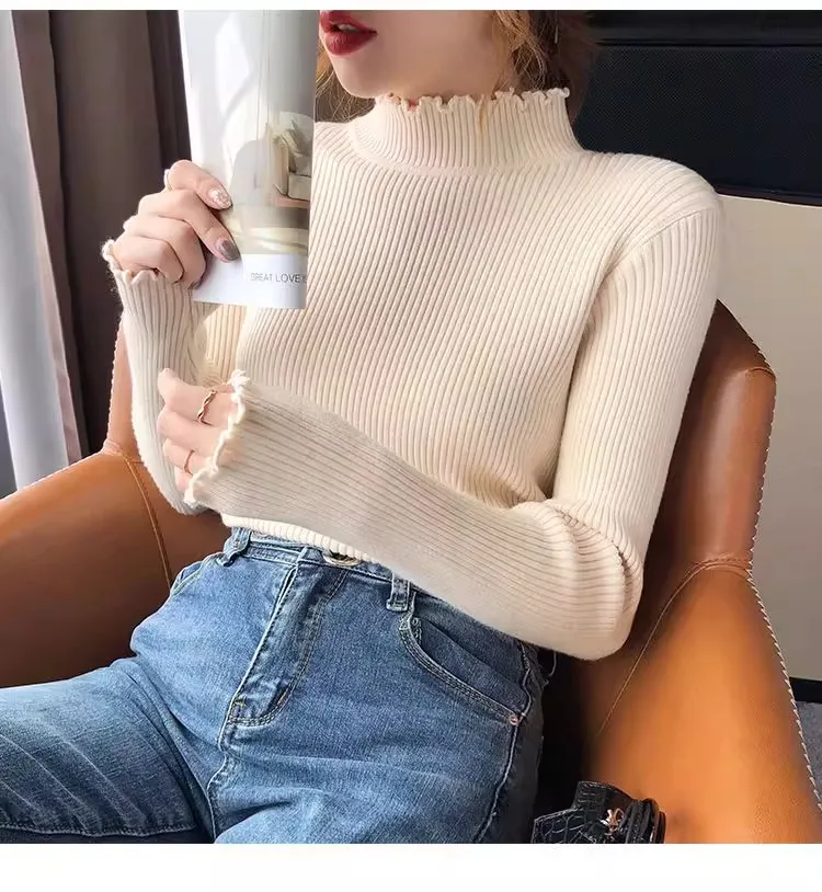 Spring Autumn Skinny Elastic Knitted Shirt Women Pullover Sweater Tops Female Mock Neck Long Sleeve Slim Knit Bottoming Shirts