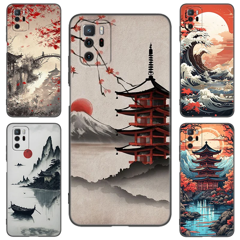 Japanese Style Art Ukiyo-e Black Silicone Phone Case For Xiaomi Redmi Note 10 11 11S 12 12R 13 13R Pro 12S 4G 11T 5G Plus 10S