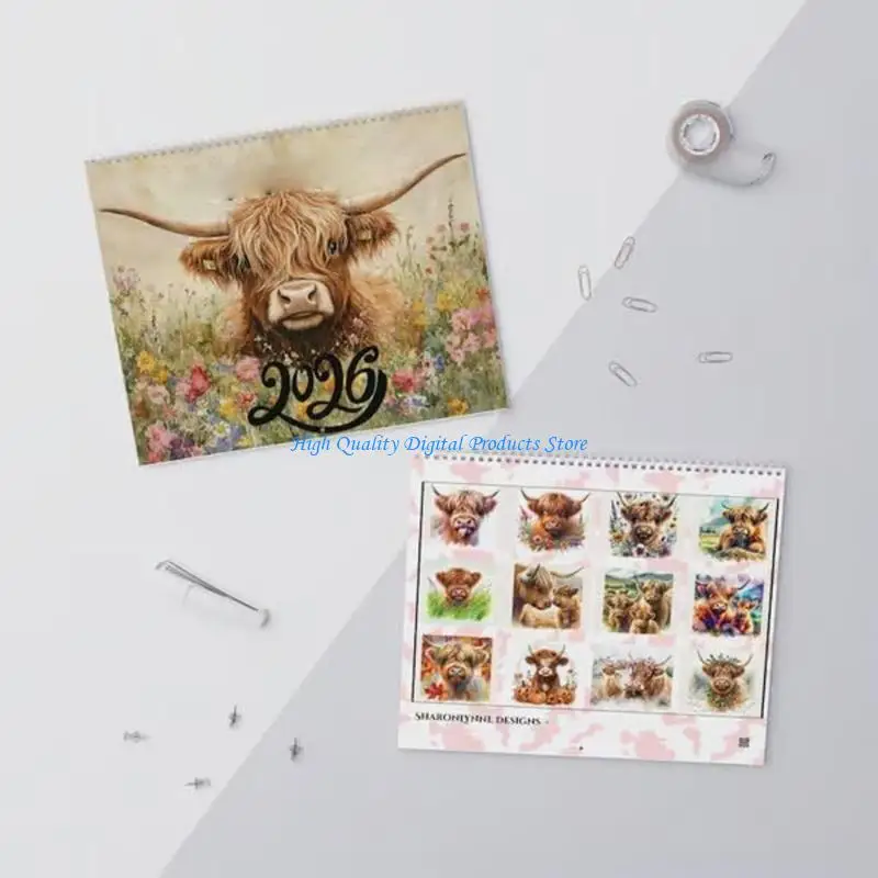 

U2JE 2026 Art Cattle Calendar Rural Cottage Wall Decor and Monthly Planner, Art Cattle Calendar for 2026 in Scottish for