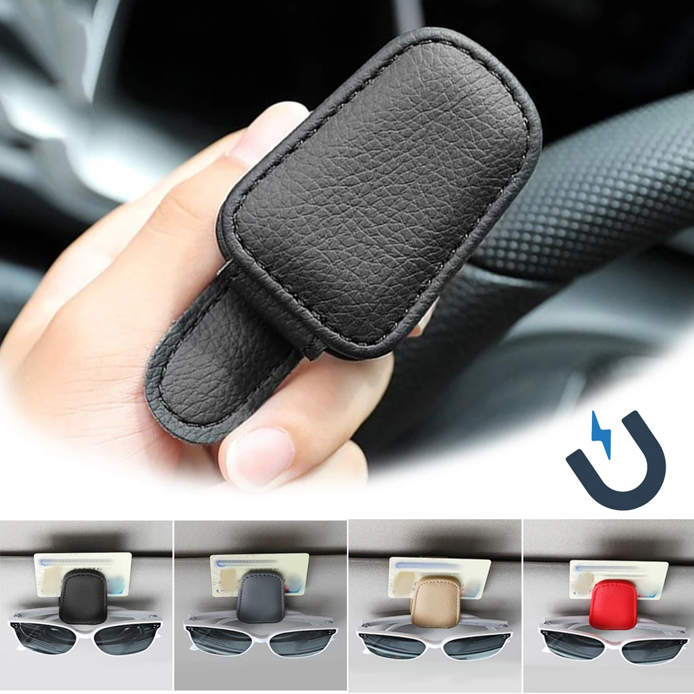 Magnetic Pu Car Sun Visor Glasses Clip Leather Eyeglasses Box Sunglasses Holder Hanger Auto Card Ticket Holder Stand Fastener