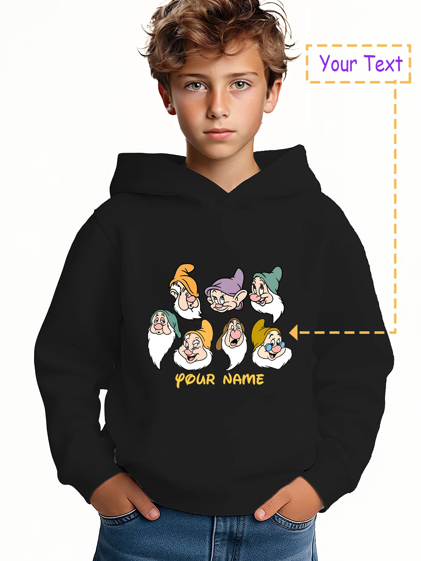 

MINISO Snow White Dwarfs Hoodie for Boys - Featuring a fun, colorful pattern of the seven dwarfs. Perfect for school or fairytal
