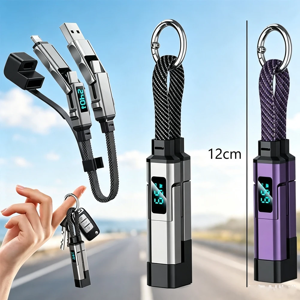 In;; Stock 4 in 1 65W Keychain Charging Cable USB C Cable with V/A/W Display Type C for Portable Cord for Laptop Mobile Phone