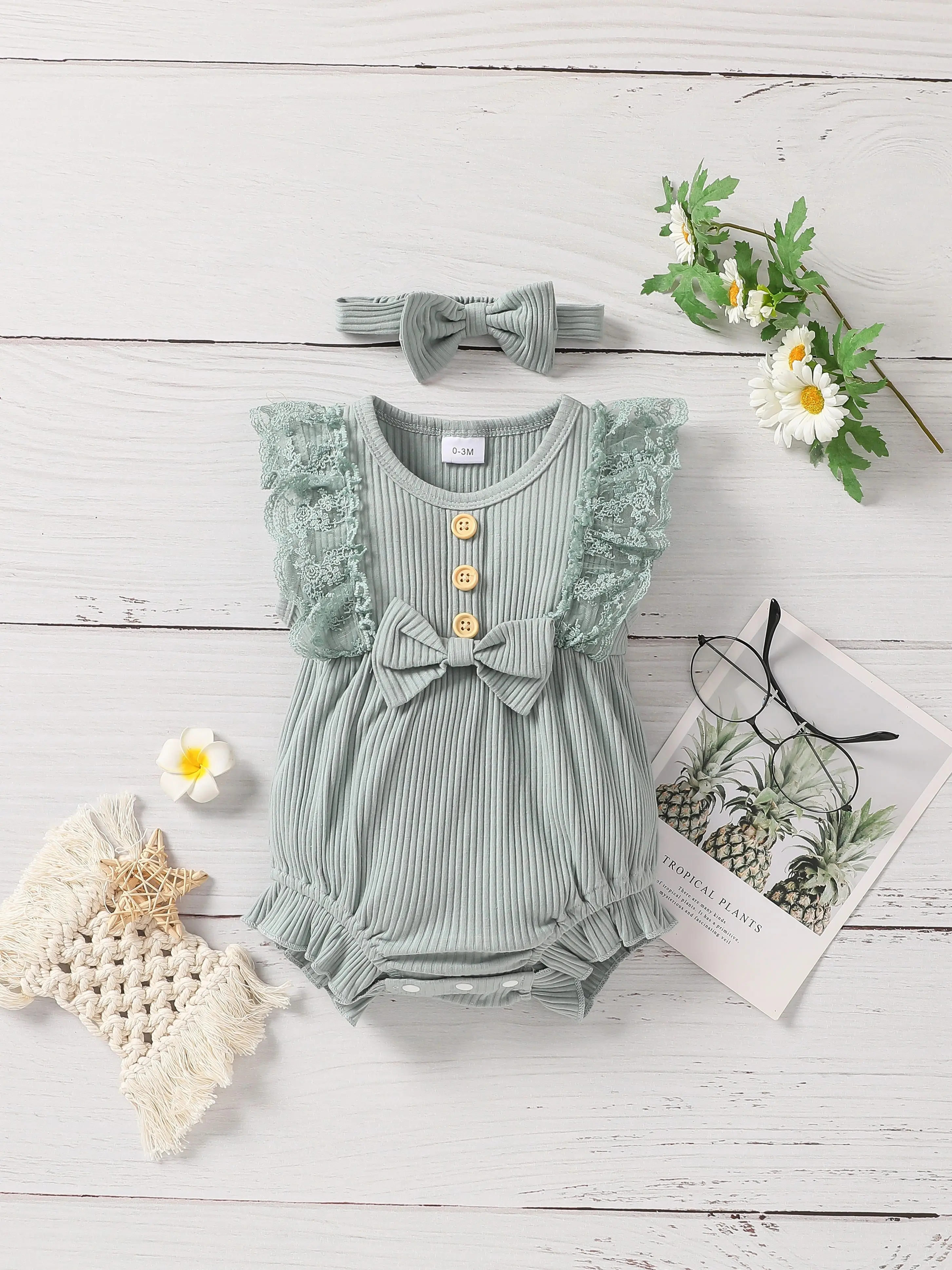 Baby Girls Summer Sleeveless Lace With Button  Solid  Preppy Style Jumpsuit +Headband