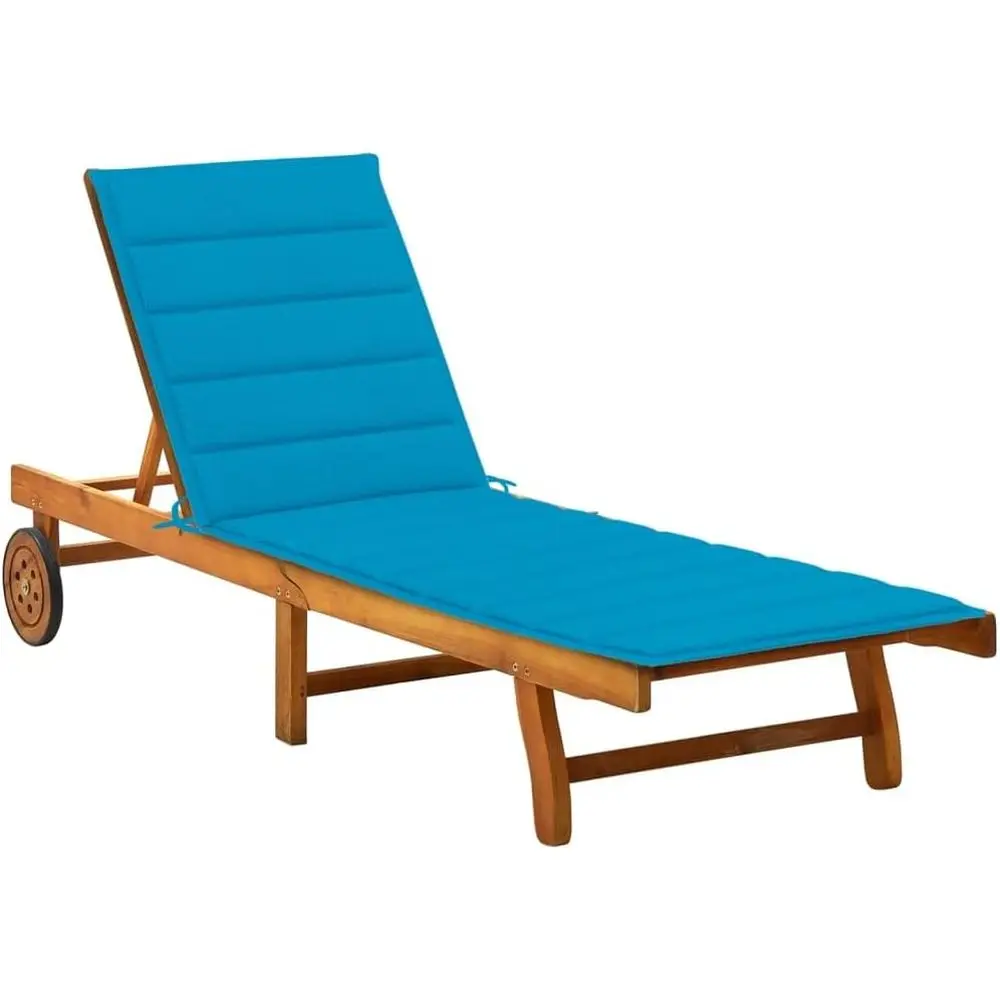 

Blue Cushioned Acacia Wood Adjustable Lounger with Pull-Out Table, Ideal for Patio, Pool, or Garden