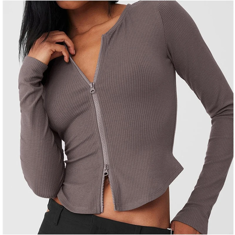 

Aiithuug Yoga Crop Jacket Double Zipper Workout Ribbed Long Sleeve Gym Shirts Running Workout Yoga Full Zip Athletic Jackets