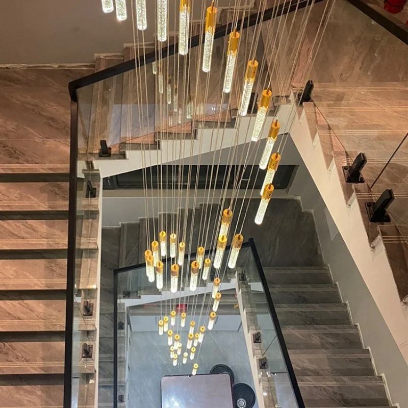 

Crystal Villa Duplex Building Living Room Simple and Creative Revolving Stairwell Light Luxury Long Chandelier Post-Modern Stair