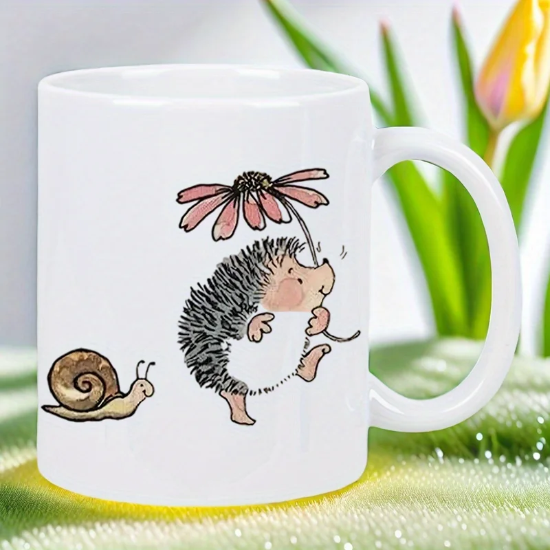 Ceramic Mug with Hedgehog Sniffing Flower & Snail Accent - Cute Garden Animals Coffee Cup, Brown Hedgehog & Pink Floral Design -