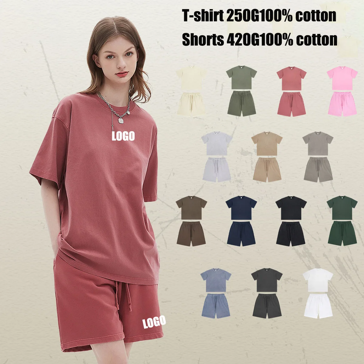 

Custom LOGO men's 100% cotton summer new 250G short-sleeved 420G shorts washed with water old dyeing two-piece set for men women
