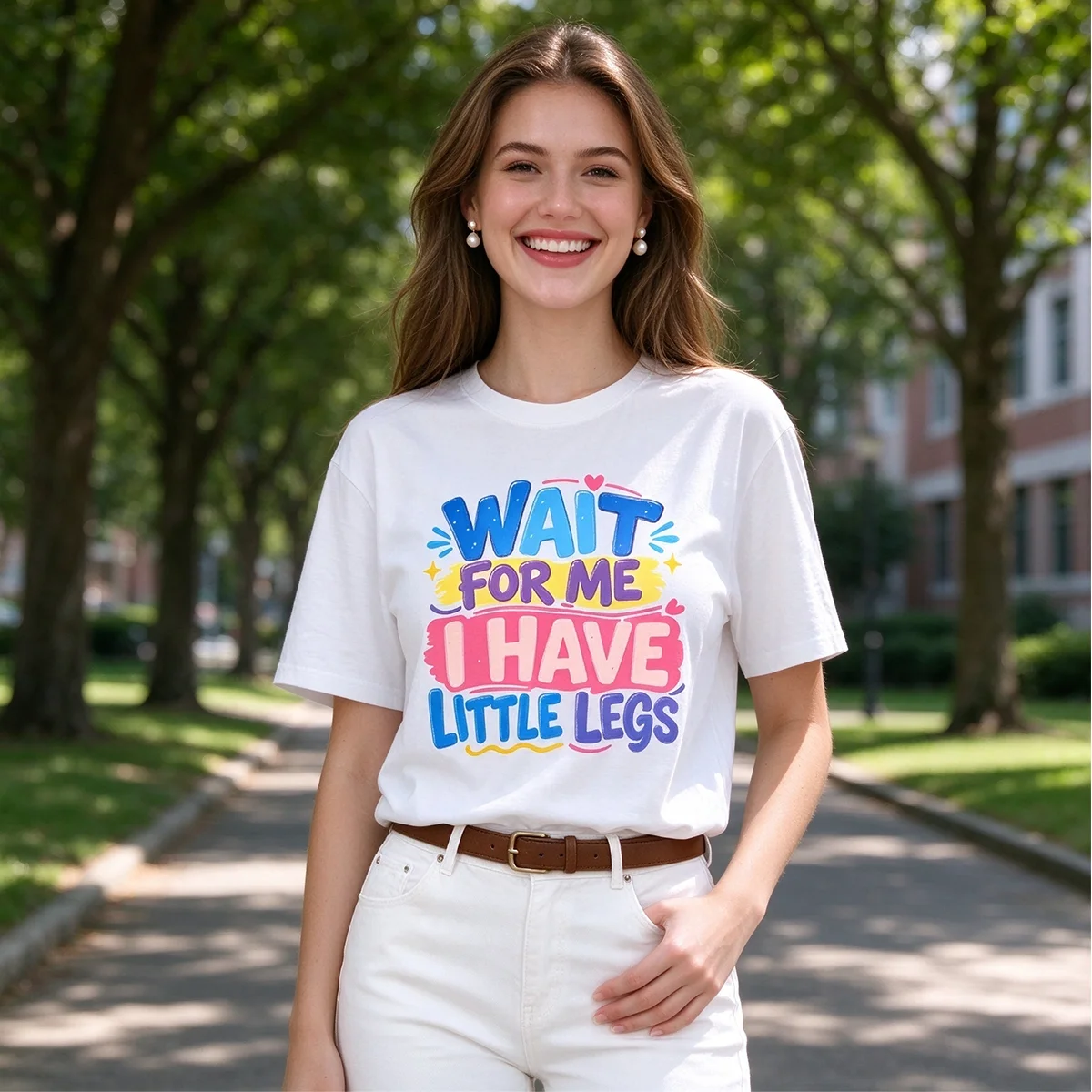 Women Short Sleeve T Shirt Wait For Me I Have Little Legs Cute Letter Print Tee Casual White Top For Daily Wear Gift for Girl