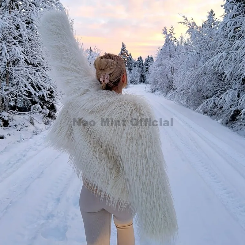 Neo Mint Fluffy Tassels Faux Fur Coat Women 2025 Winter New Stylish Eco Fur Jacket Brand Fashion Girls Thick Furry Overcoat