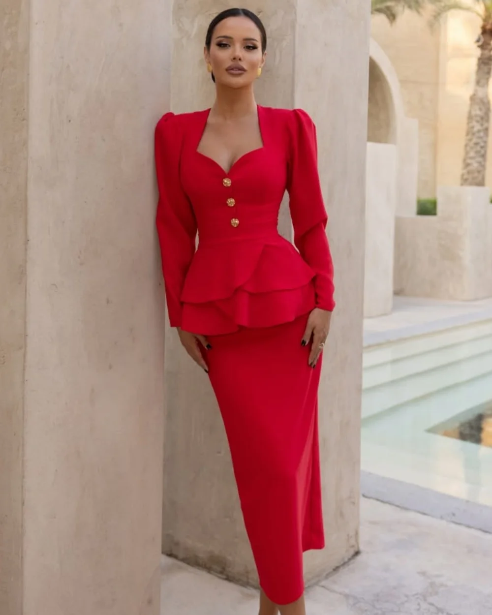 

Customized High Quality Elegant Jersey Button Ruched Mermaid Square Neck Tea Length Dresses Evening Dresses Modern Style Formal