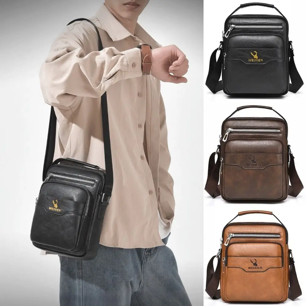 Fashionable Vintage Men Crossbody Bag PU Leather Multi Zipper Pocket Shoulder Bag Top Handle Waterproof Leather Handbag for Men