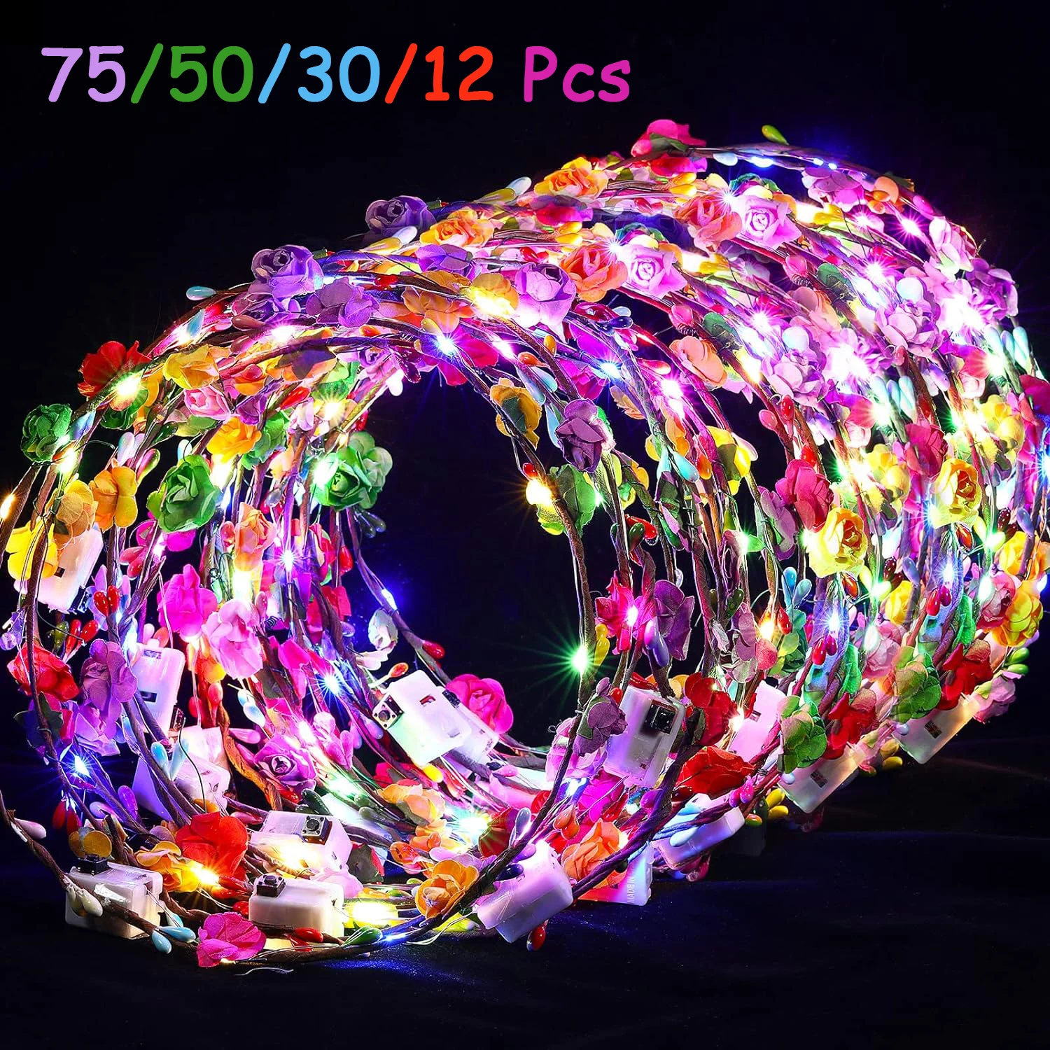 75/50/30/12Pcs LED Flower Headbands Glowing Flower Crowns LED Wreath Headband Flower Hair Accessories For Wedding Party Concert