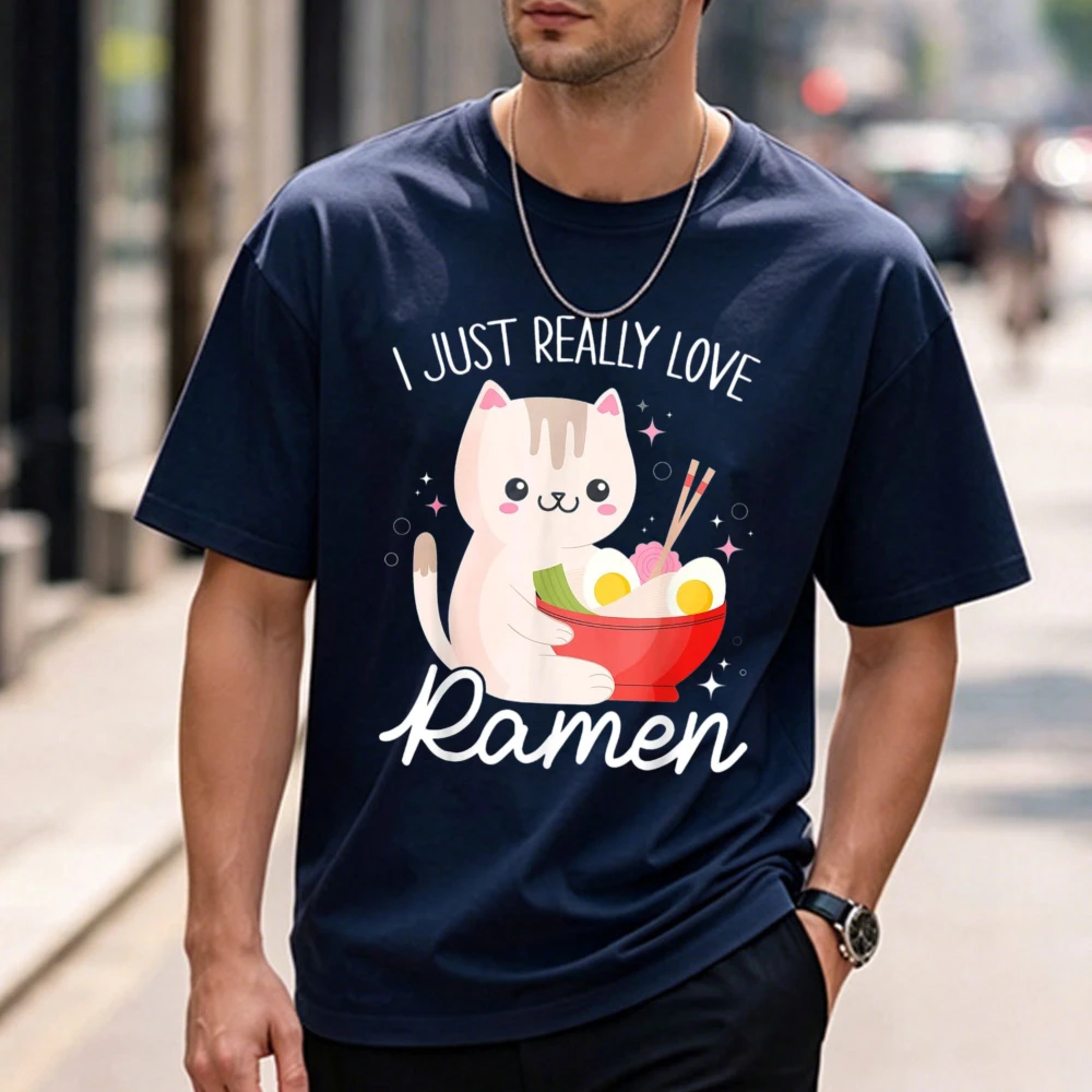 Camiseta de algodón de manga corta de alta calidad con diseño de anime de gato ramen, estilo kawaii, vintage, divertida, para exteriores