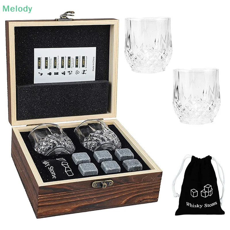 Juego de 4 regalos de piedras de whisky y vaso de whisky para hombres |   Día del Padre, 6 piedras de whisky de granito, 2 copas de whisky, 1 caja de madera