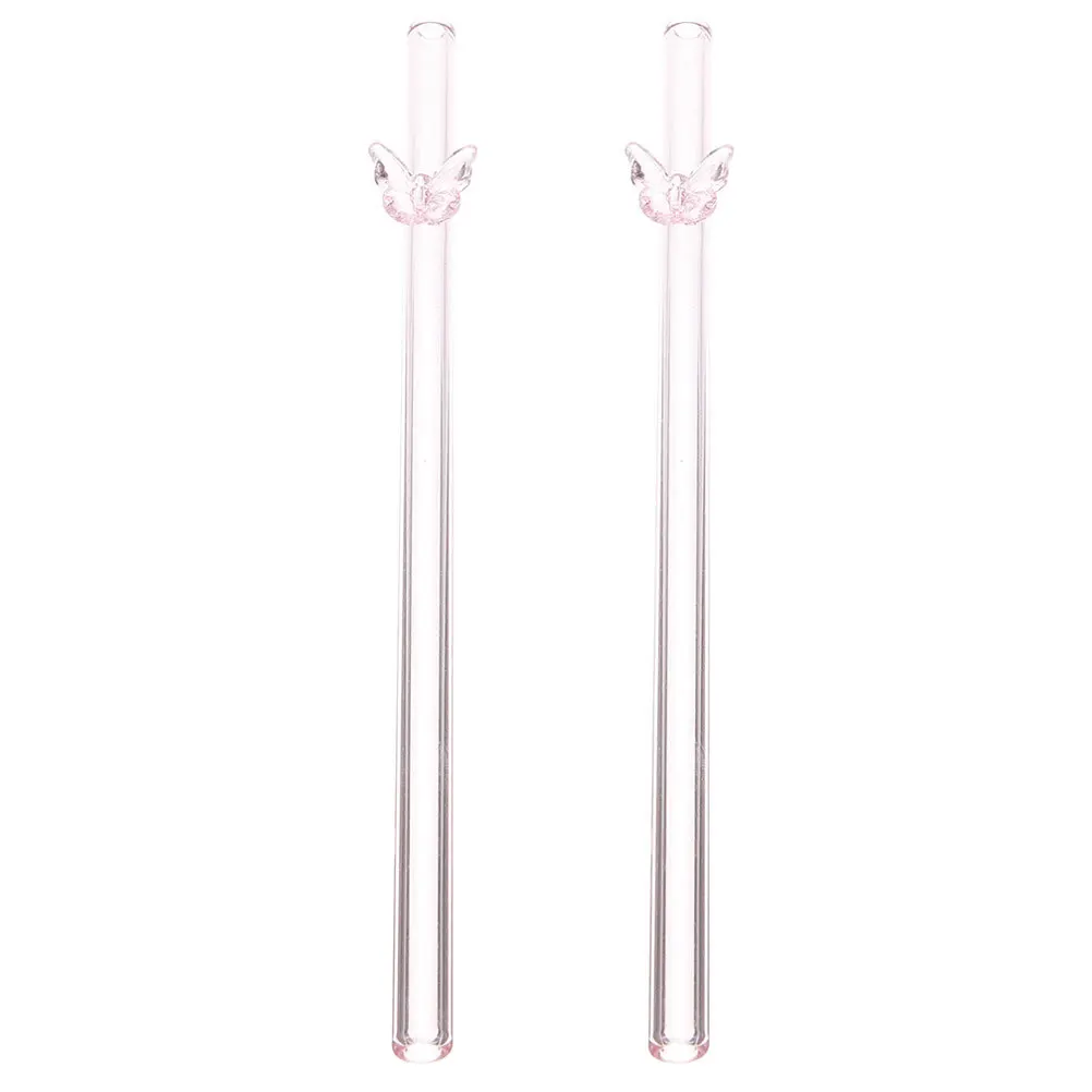 

2Pcs Glass Straws Reusable Clear Long Straws for Milk Coffee Beverages Cocktails Pink Decorative
