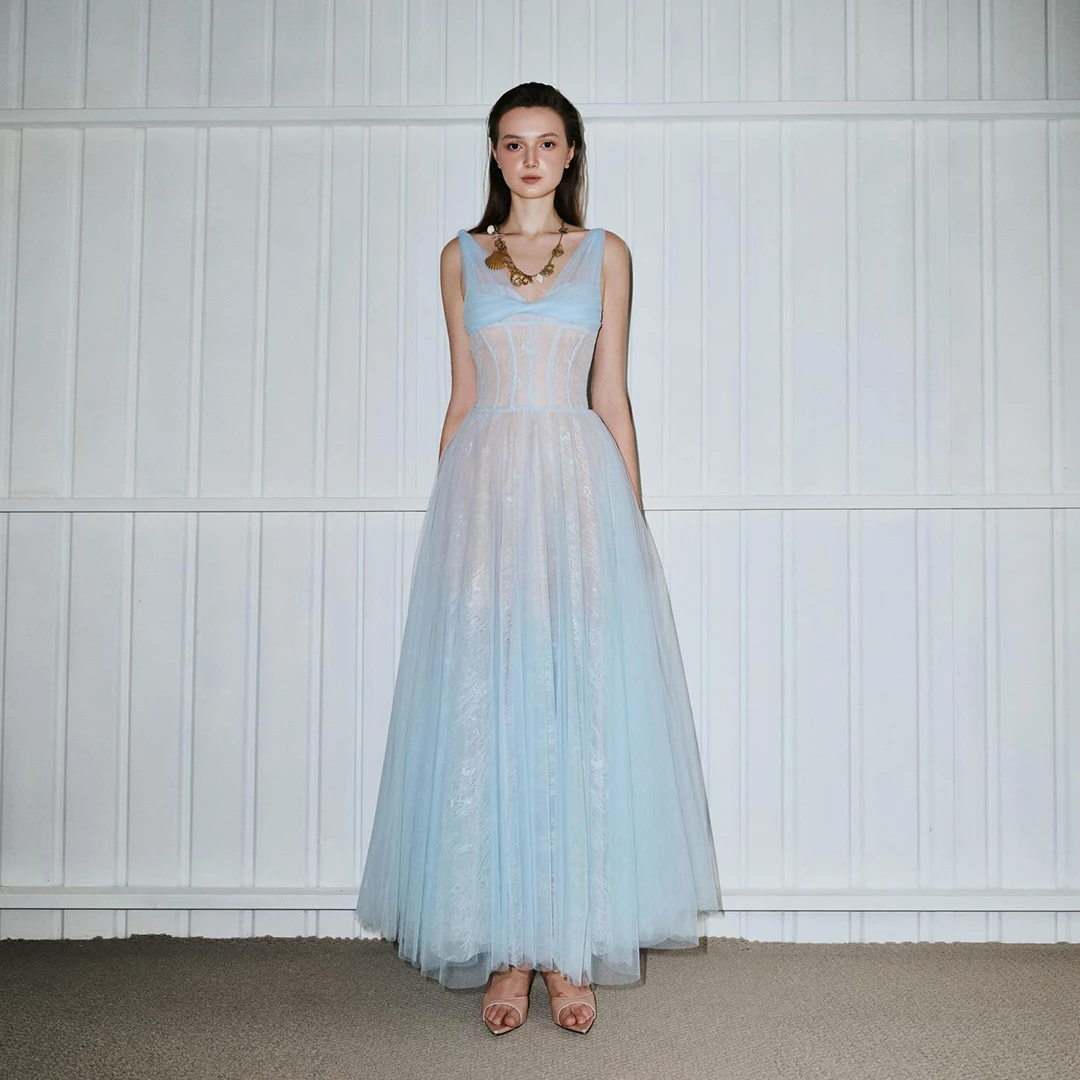 

Ice Blue Simple Sheer See Thru Soft Lace Evening Dresses Evening Dress Ankle Length Spaghetti Strap V Neck Long Tulle Prom Dress