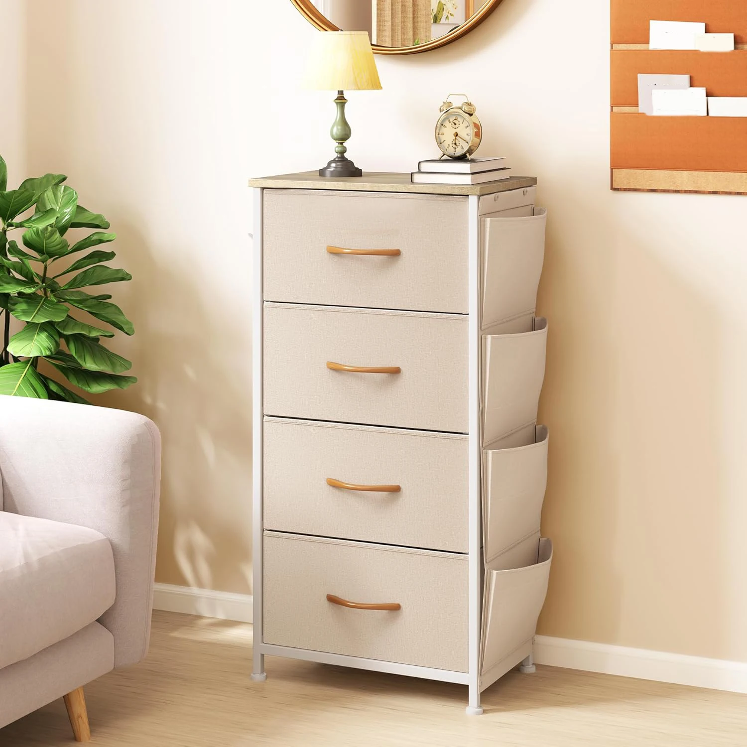 YITAHOME Fabric Dresser with Side Pockets & Hooks – 4-Drawer Design, Metal Frame & Wood Top, Nursery/Bedroom Storage