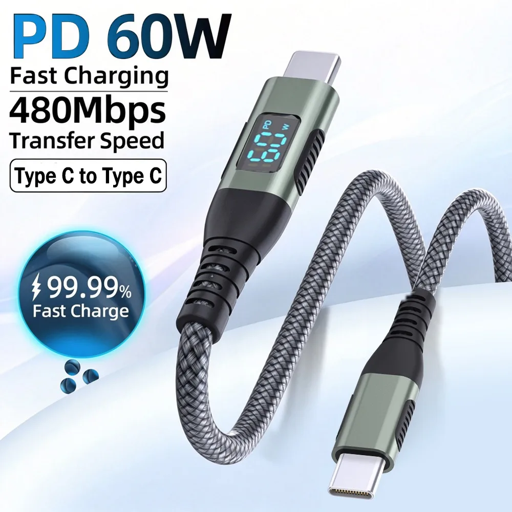 Кабель для зарядки и передачи данных PD60W с цифровым дисплеем, двумя разъемами Type-C, сверхбыстрой зарядкой и плетеным корпусом для телефонов Huawei и Xiaomi