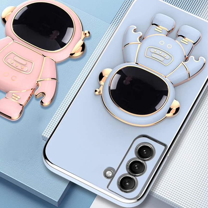 Astronaut Plating Stand Holder Case For Tecno Spark 8C 9T 8 7 6 Go Pova 2 Camon 18 16 15 Pro Pop 5 LTE Soft Bracket Phone Cover