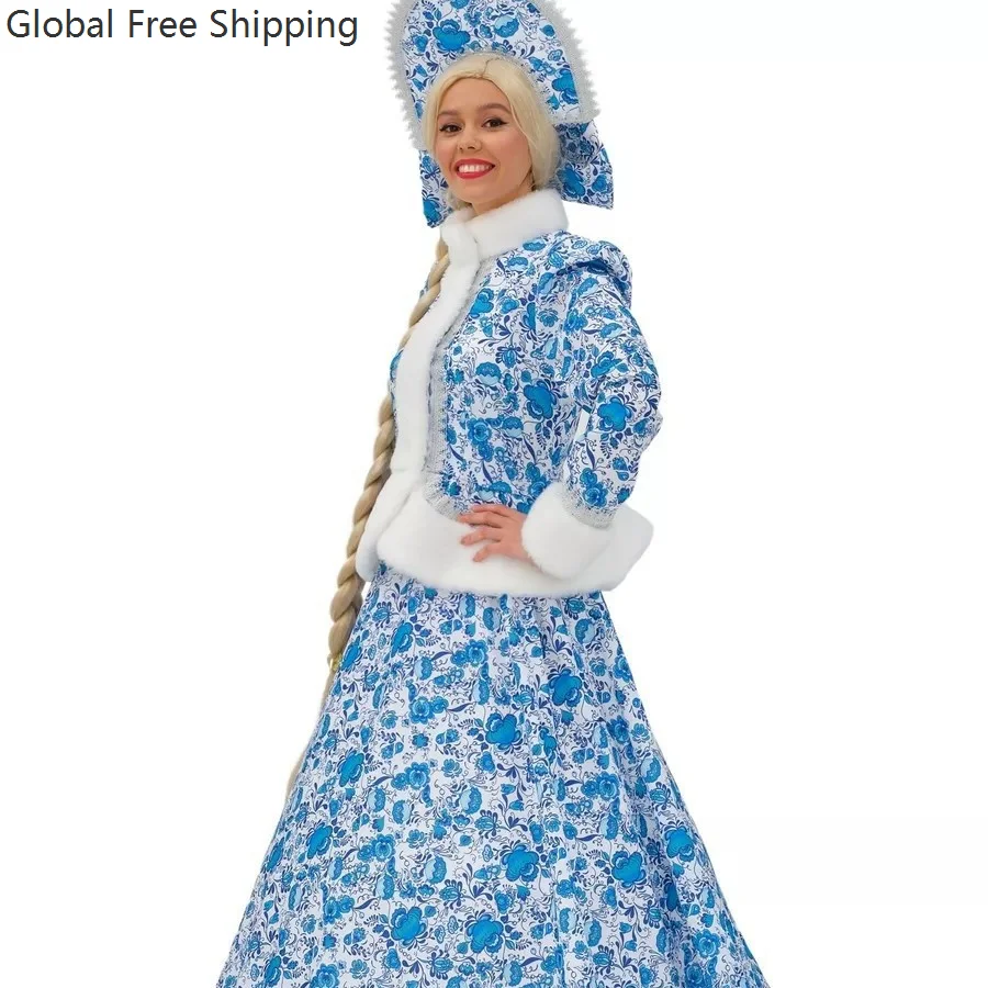 크리스마스 산타 클로스 여성 코스프레 의상 클래식 블루 디럭스 크리스마스 소녀 위장 옷 크리스마스 새해 파티 코트