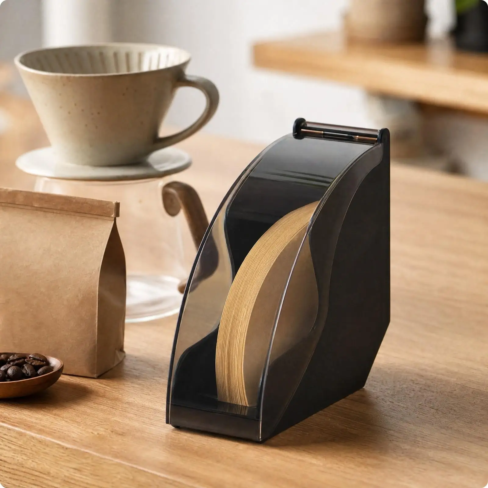 Acrylic Coffee Filter Paper Storage Holder Fabric Box with Curved Dust Cover and Carry Bar for Pour over Sieve Organization