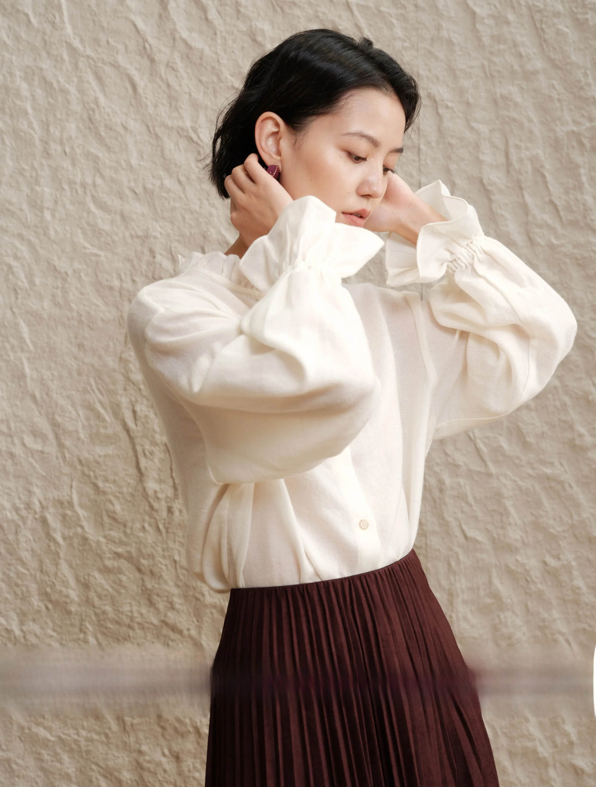 

Chimai Rihua 00 Wool Petal Collar Long Sve irt Women's Ele Sle Breathable Comfortable Faionable Workwear