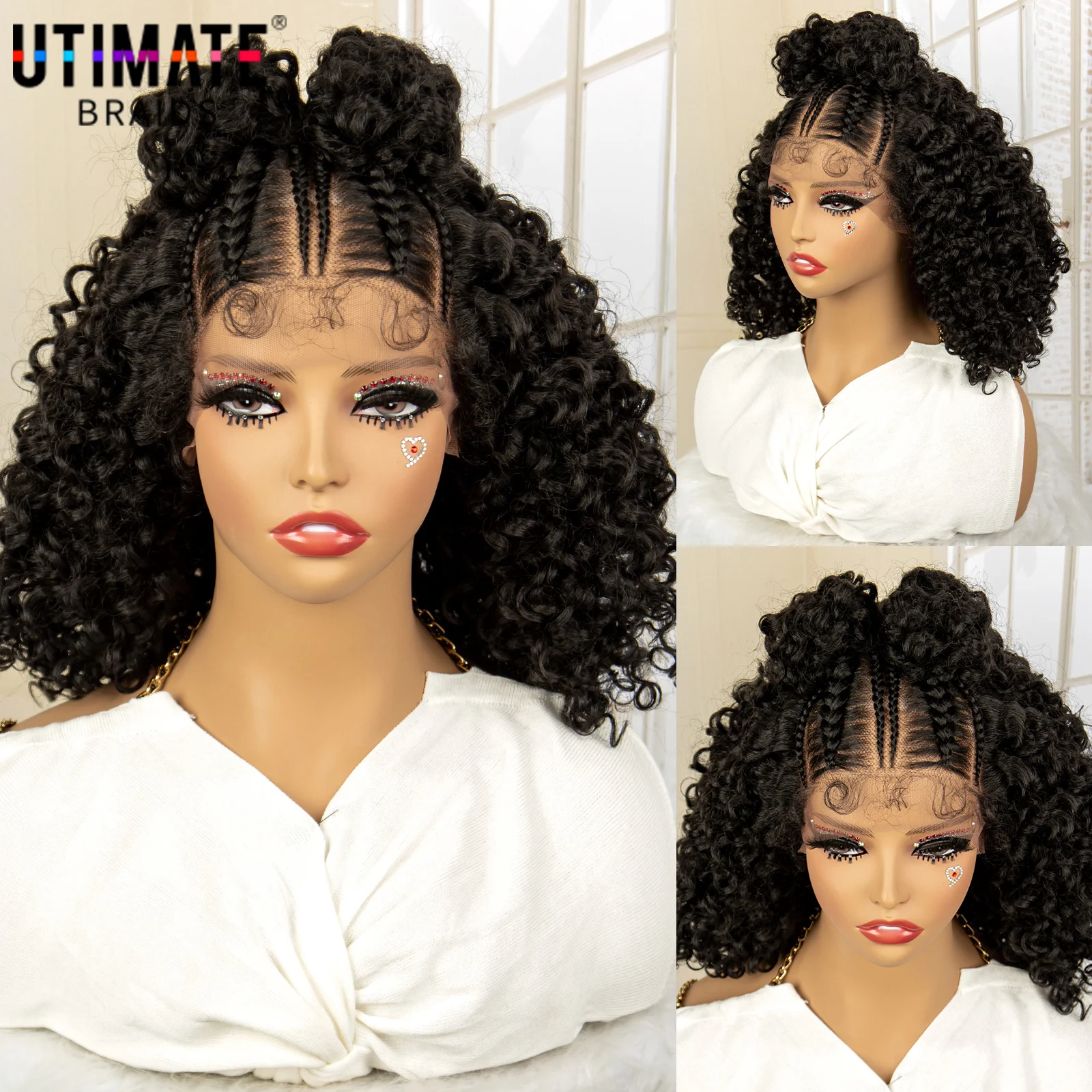 13X4 Lace Frontal Synthetic Braided Wigs for Black Women Braid Wig with Baby Hair 16inches Afro Curly Bob Wigs Braided Wig