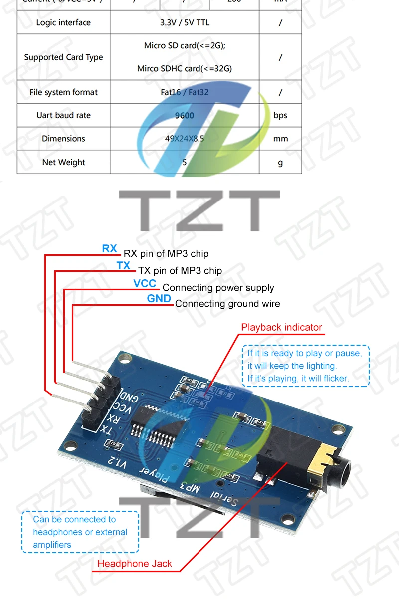 TZT 1/3PCS YX6300 YX5300 UART-Steuerungs-Seriellmodul MP3-Musikplayer-Modul für Arduino/AVR/ARM/PIC CF – Detail 2