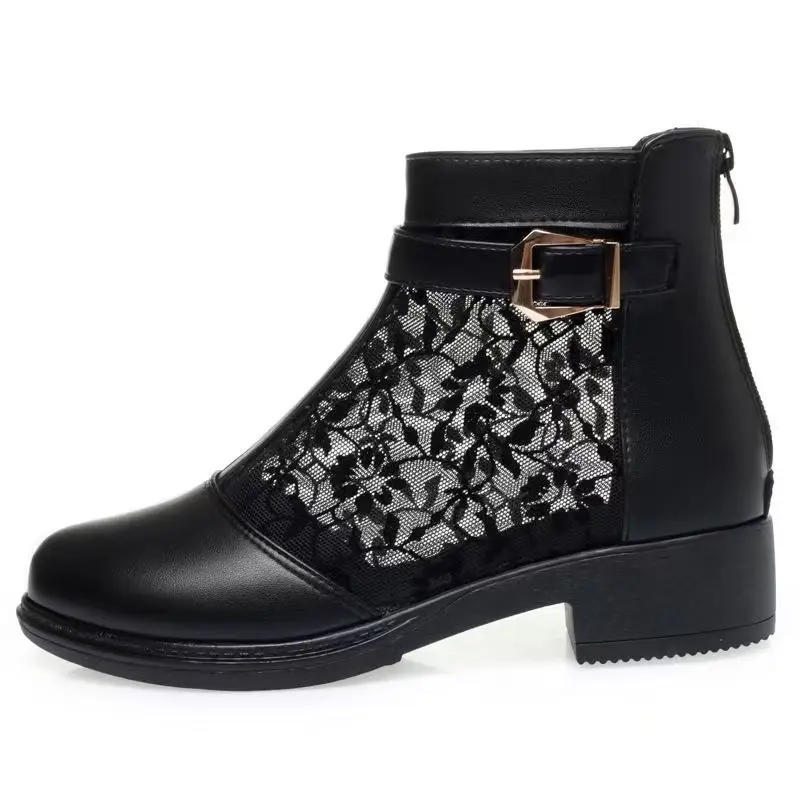 Ladies Pointed Toe Ankle Boots Woman Designer PU Leather and Mesh Combined Shoes Female Elegant Booties with Buckle Back Zip