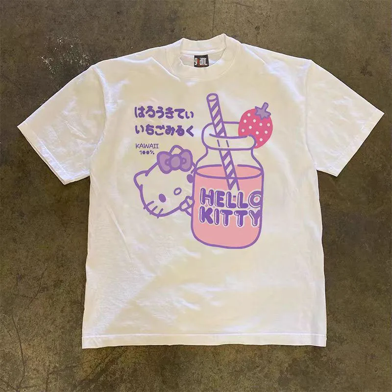 New Hello Kitty Summer with Short Sleeves Couple Model for Men and Women Y2K Pure Cotton Fabric T-Shirt Kitten with A Headdress