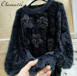 High-end Luxury Beaded Pearl Sequin Flower Large Size Black Sweater Autumn Fashion Long-sleeved Elegant Pullover Bottoming Top