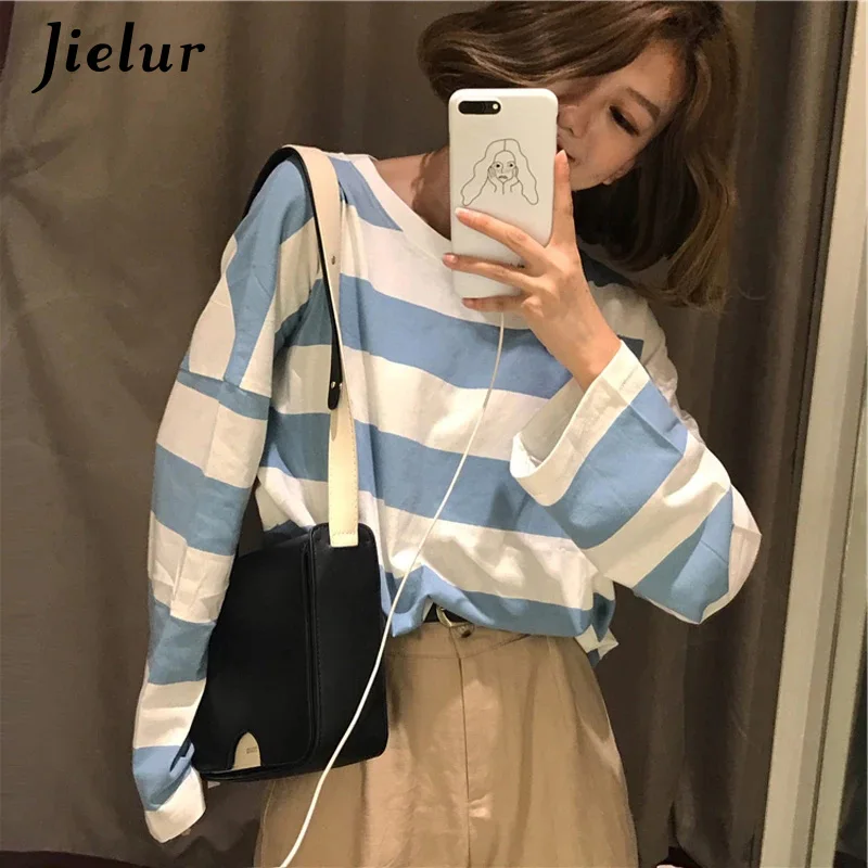 Jielur Harajuku Women Long Sleeve T-Shirts Korean Stripe Autumn Ulzzang Kawaii Pink Blue Black Basic Tee Casual Tops M-XXL Size