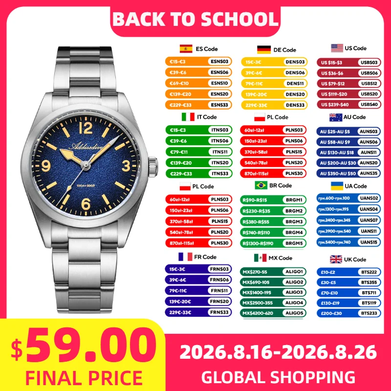ADDIESDIVE Luxury Stainless Steel Women's Watch 36mm Sapphire Crystal C3 Retro Night Light Lady Quartz Watch 100m Waterproof New