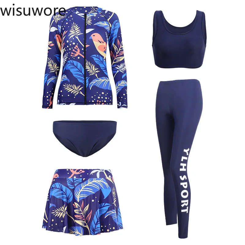 Wisuwore Printing Swimwear Long Sleeved Large Women Swimsuit Trousers Sexy Lingerie Ladies Panties Five Piece Piece Surfing Suit