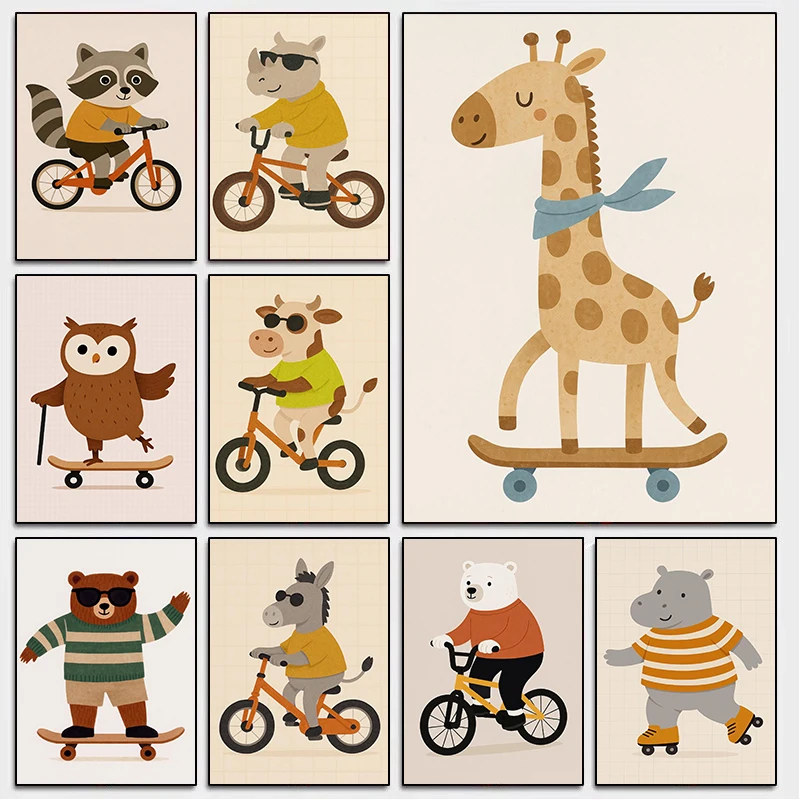 Giraffe Panda Camel Fox Raccoon Cartoon Animals Skateboard Bike Posters Print Wall Art Canvas Paintings Kid Room Home Decor G