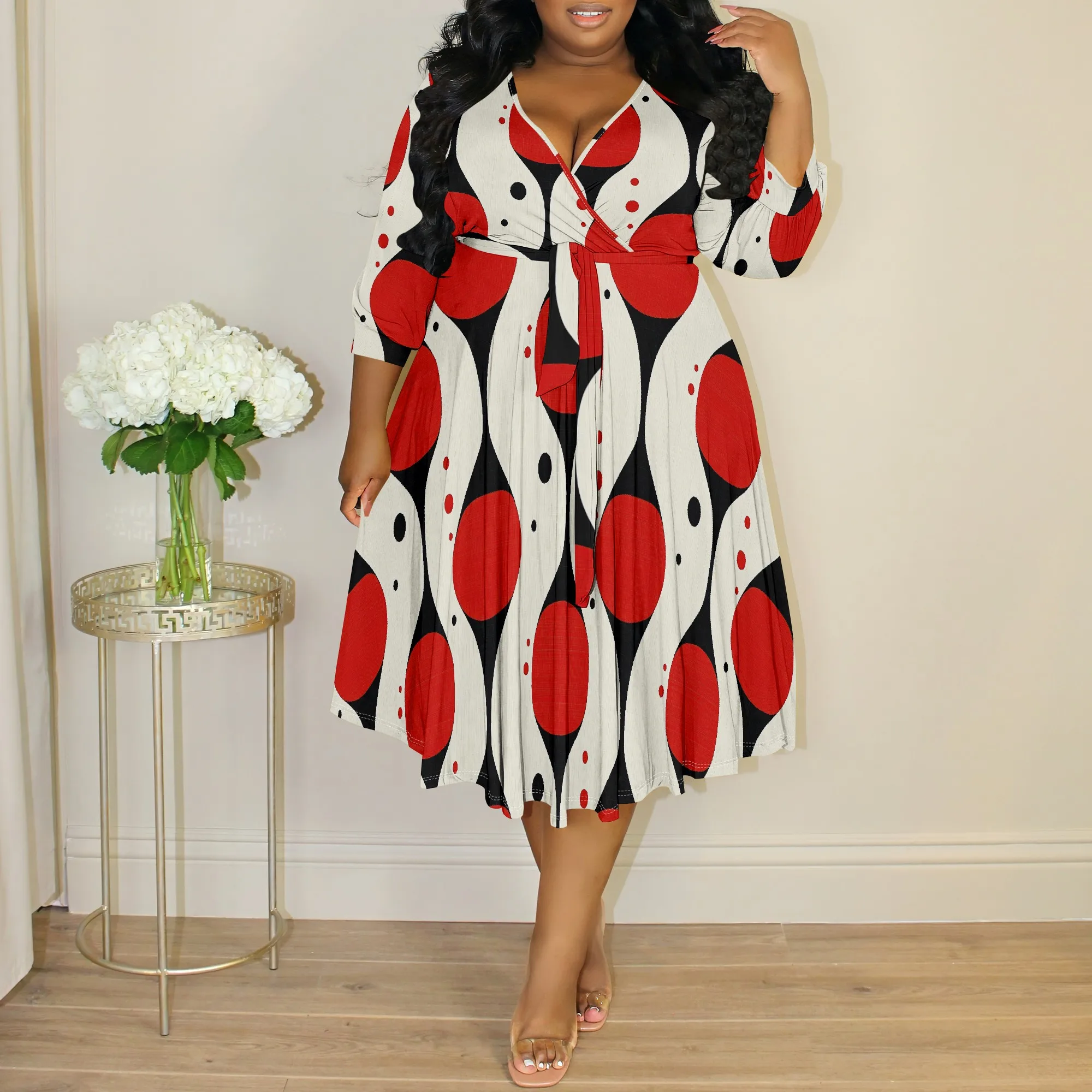 

Retro Polka Dot Wrap Dress XL-6XL – Plus Size V-Neck Midi for Art Events, Vintage Parties or Bold Street Style