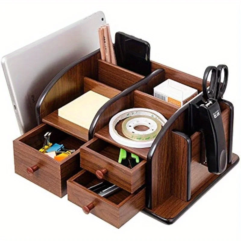 

Walnut Brown Desk Command Center，3-Tier Wooden Organizer with Hidden Drawers & Vertical Storage