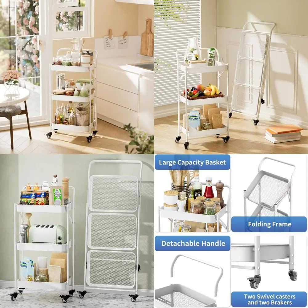 

3-Tier Heavy Duty Metal Utility Cart with Handle, Rolling Storage Trolley Organizer for Kitchen, Office, Craft, and More, White