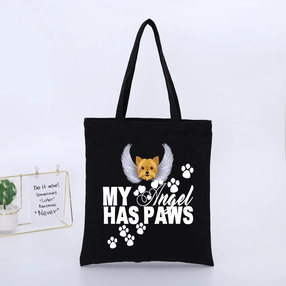Bolso de lona negro con gráfico de perro ángel con alas para amantes de las mascotas, estilo informal para compras diarias