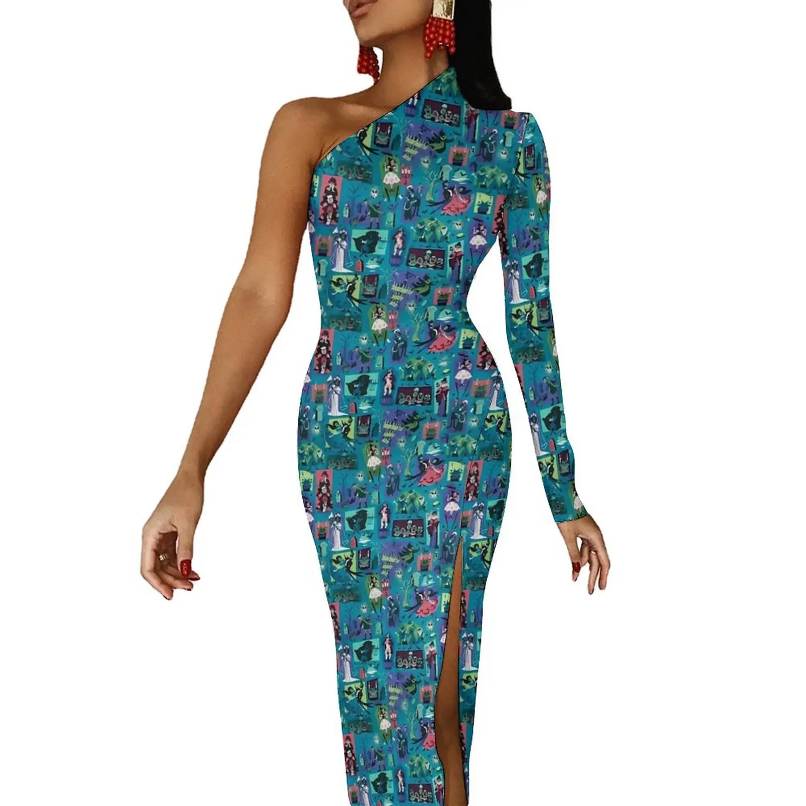 New Haunted Mansion Bodycon Dress Autumn Vintage Print Cute Side Split Long Dresses One Shoulder Graphic Party Dress